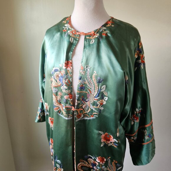 Vintage Chinese Embroidered Silk Robe Green - Picture 2 of 12